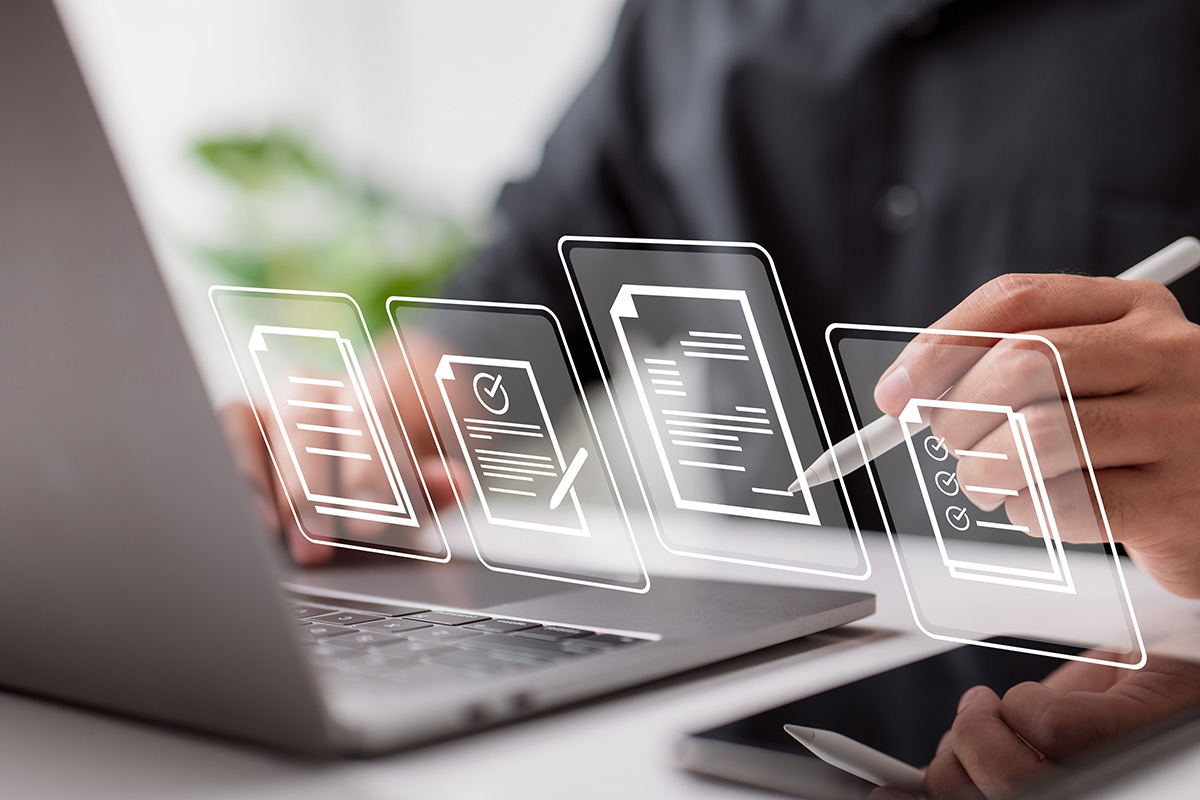 Businessman signs an electronic document on a digital document